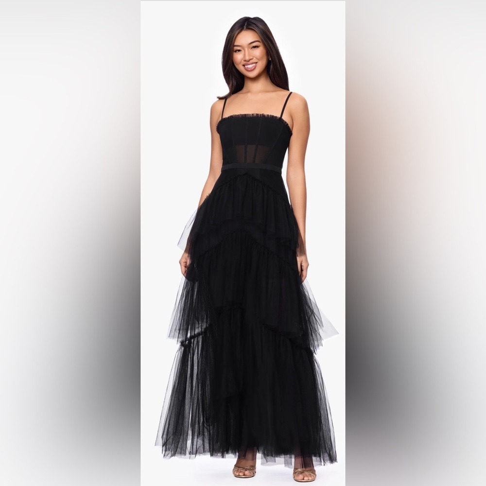 Betsy & Adam Jasmine Black Tulle Corset Maxi Gown‎ Spaghetti Strap Size 10